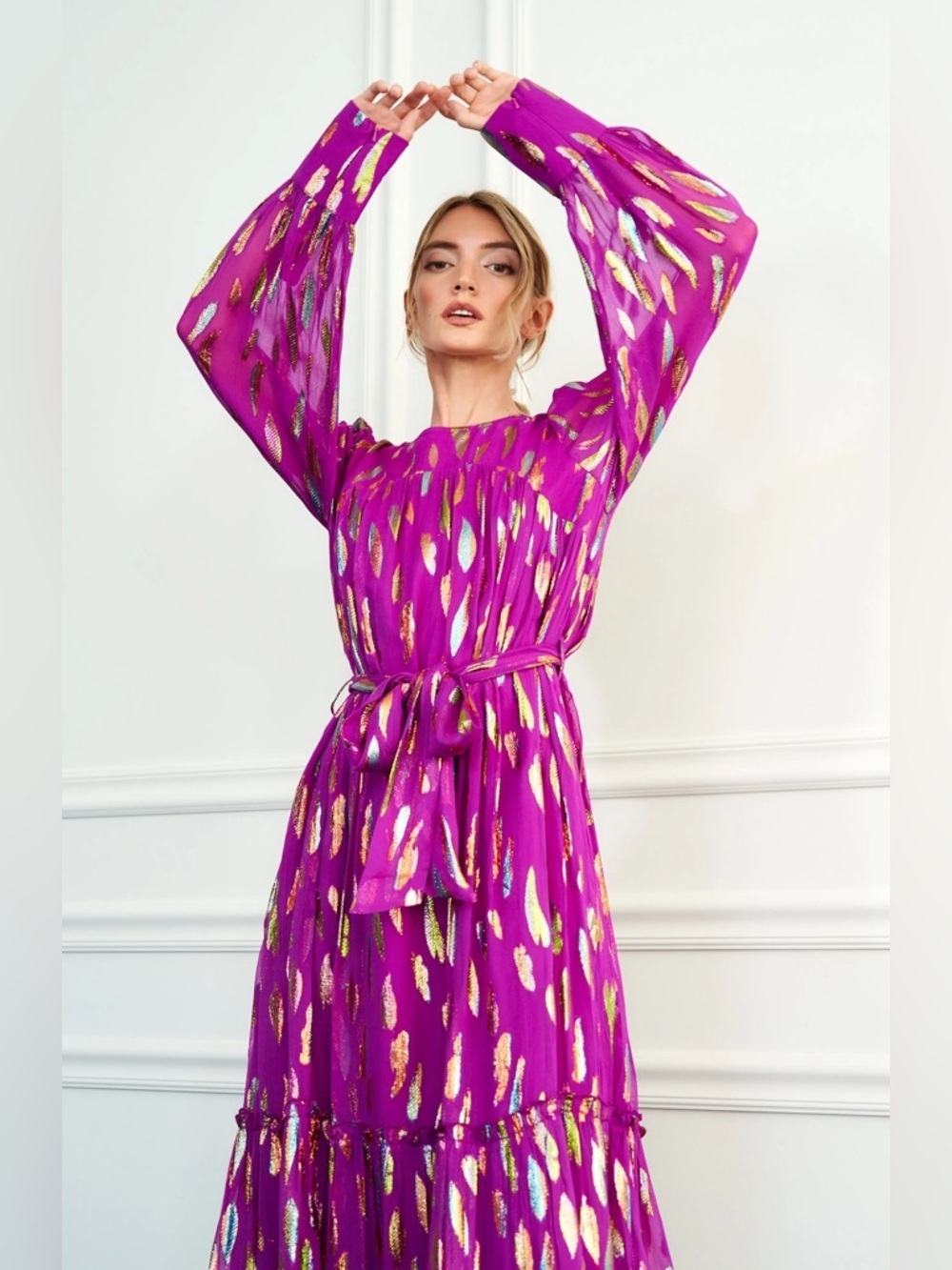 Ciebon Eryn Metallic Print Tie Waist Long Sleeve Maxi Dress XS Chiffon Magenta